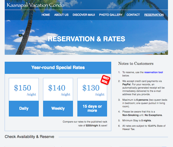 Kaanapali Website Reservation Screenshot